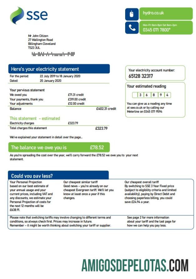 imprimível Modelo de fatura de serviços públicos de energia SSE do Reino Unido em formato Word e PDF, versão 3